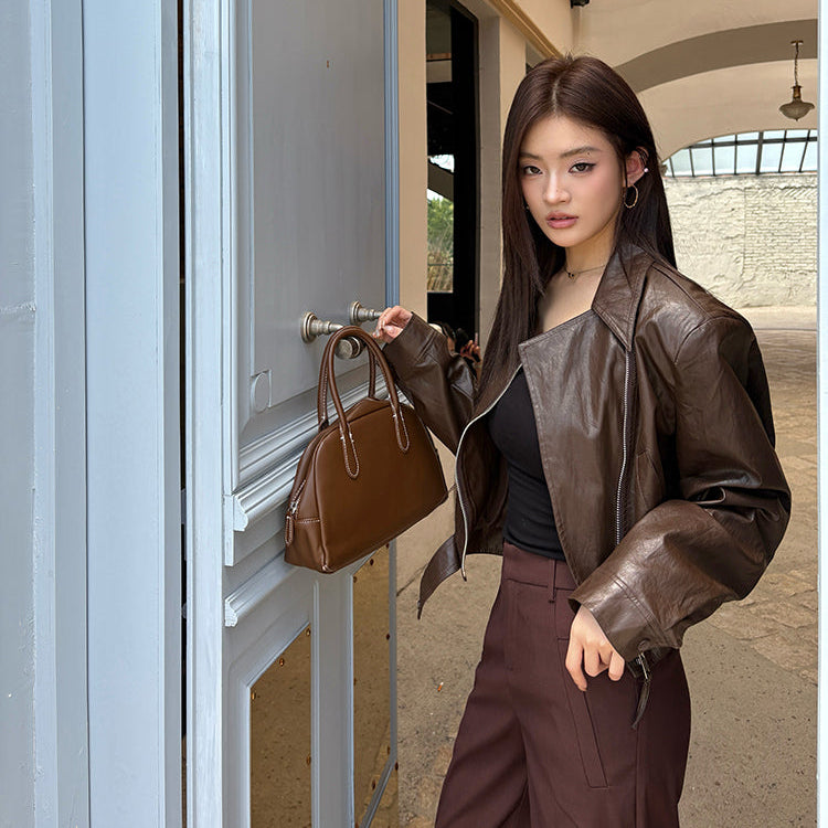 辣妹棕色PU皮夾克-25665