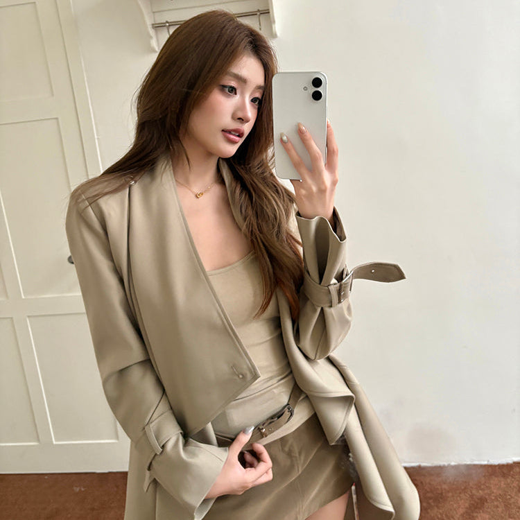 娜烏西卡卡其垂墜感繫帶風衣-25682