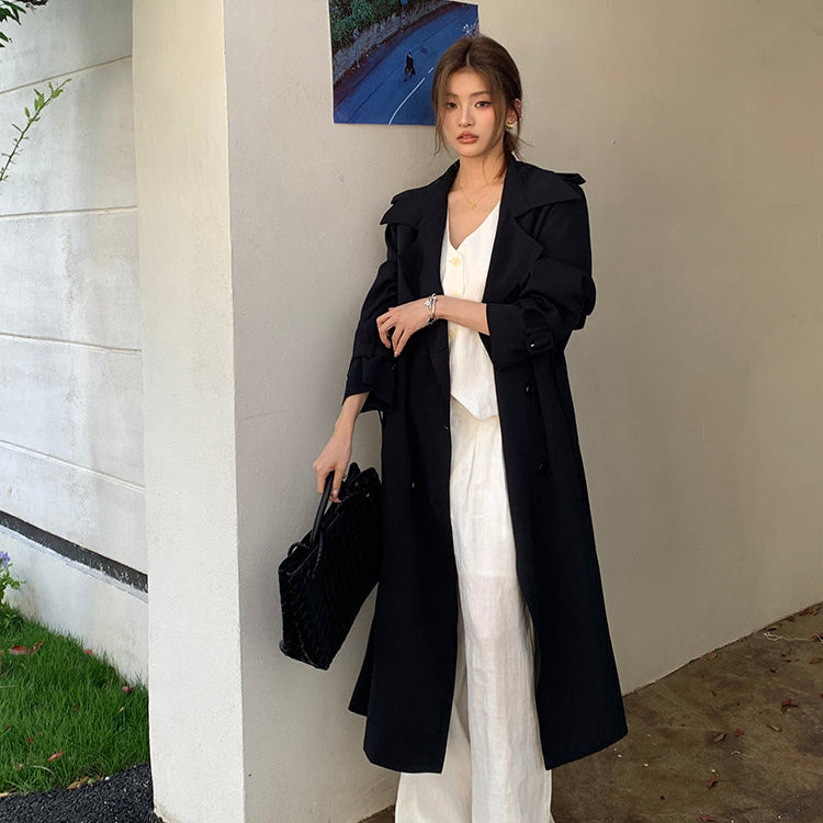 許我耀眼黑色繫帶長風衣-25644