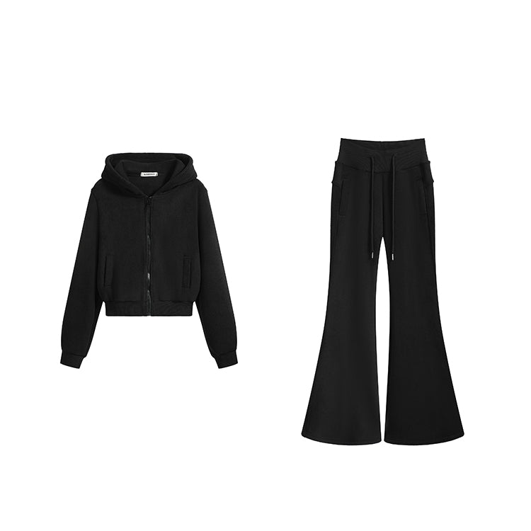 黑廠潮流搖粒絨連帽外套微喇褲兩件套-25640