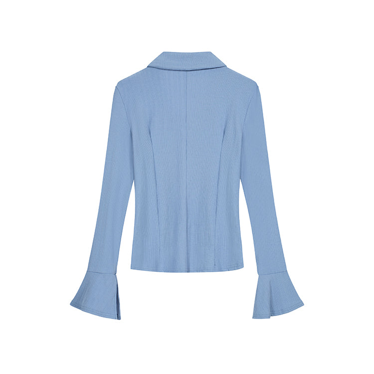 漾藍水袖V領排扣襯衫-23302
