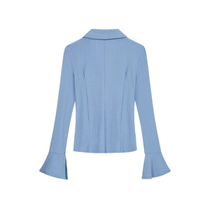 漾藍水袖V領排扣襯衫-23302