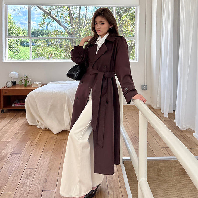 棕紅高級感雙排扣中長風衣-25652