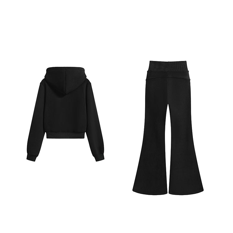 黑廠潮流搖粒絨連帽外套微喇褲兩件套-25640