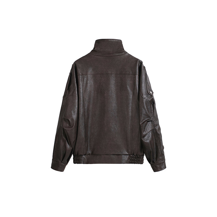 豪情時刻深棕廓形皮衣夾克-25634