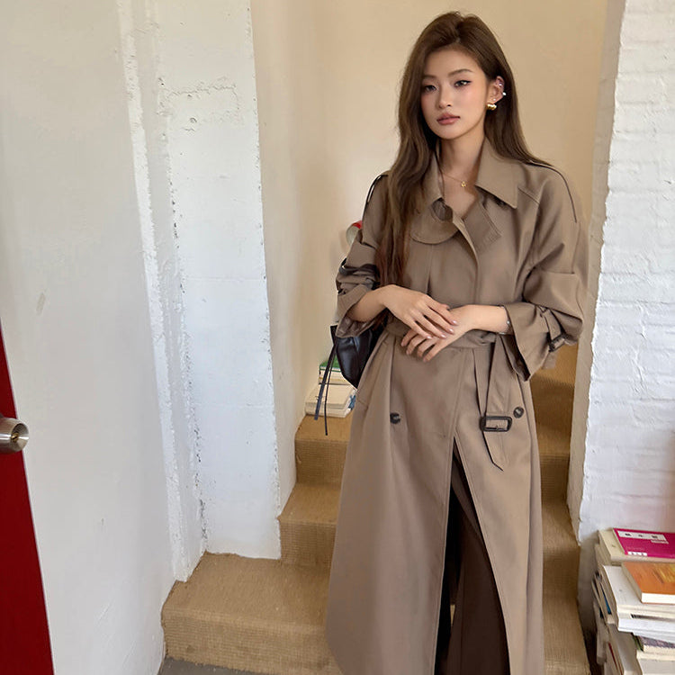 倫敦人寬鬆繫帶過膝長版風衣大衣-25654