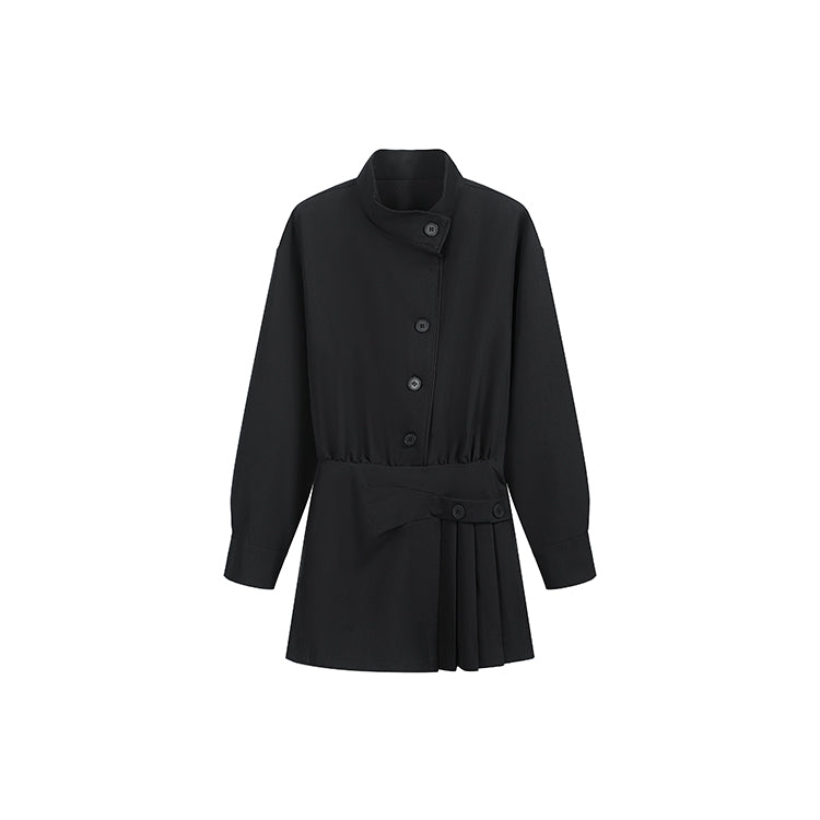 黑色復古立領設計襯衫連衣裙-25641