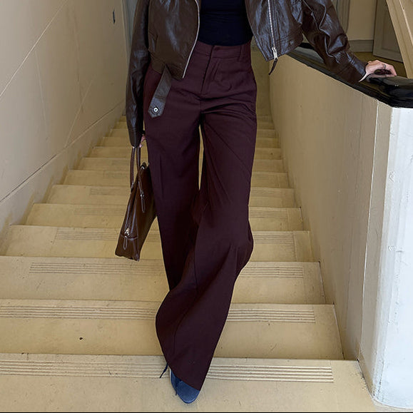 紅棕色高腰直筒垂感西褲-25664