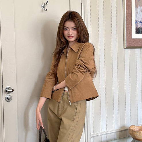 深卡其牛皮絨拉鏈皮外套-25656