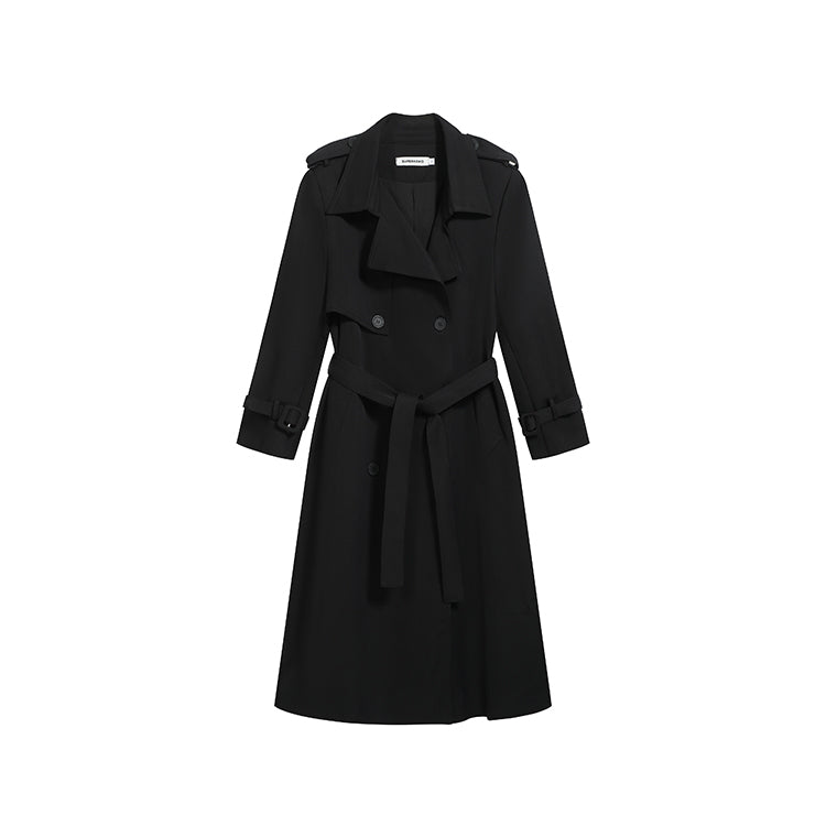 許我耀眼黑色繫帶長風衣-25644