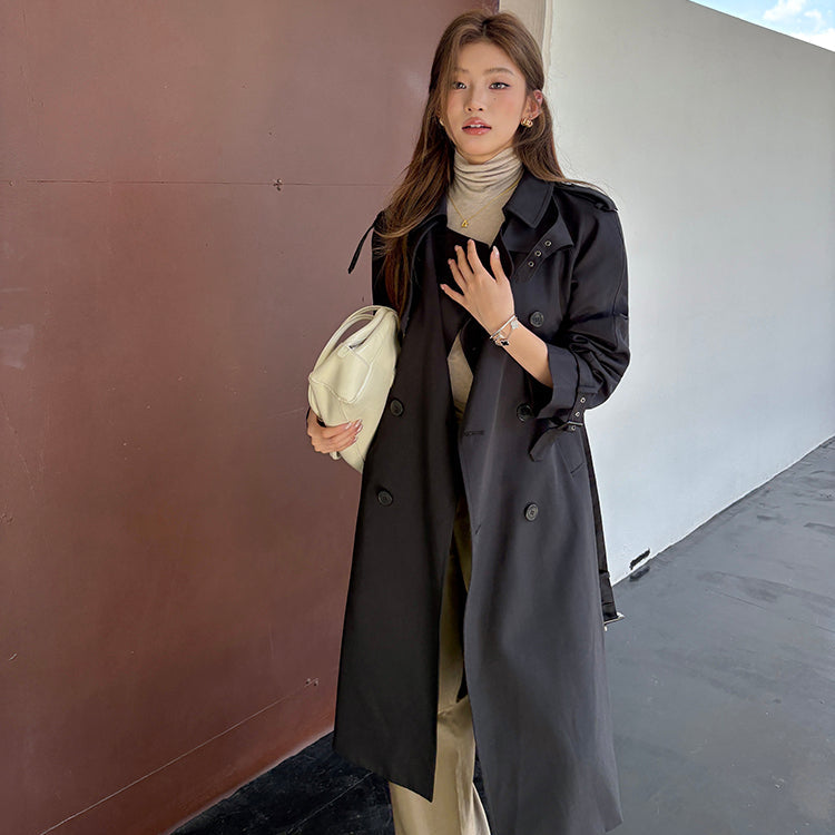 黑色經典重工中長風衣-25653