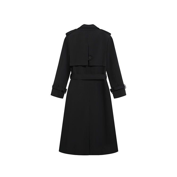 許我耀眼黑色繫帶長風衣-25644