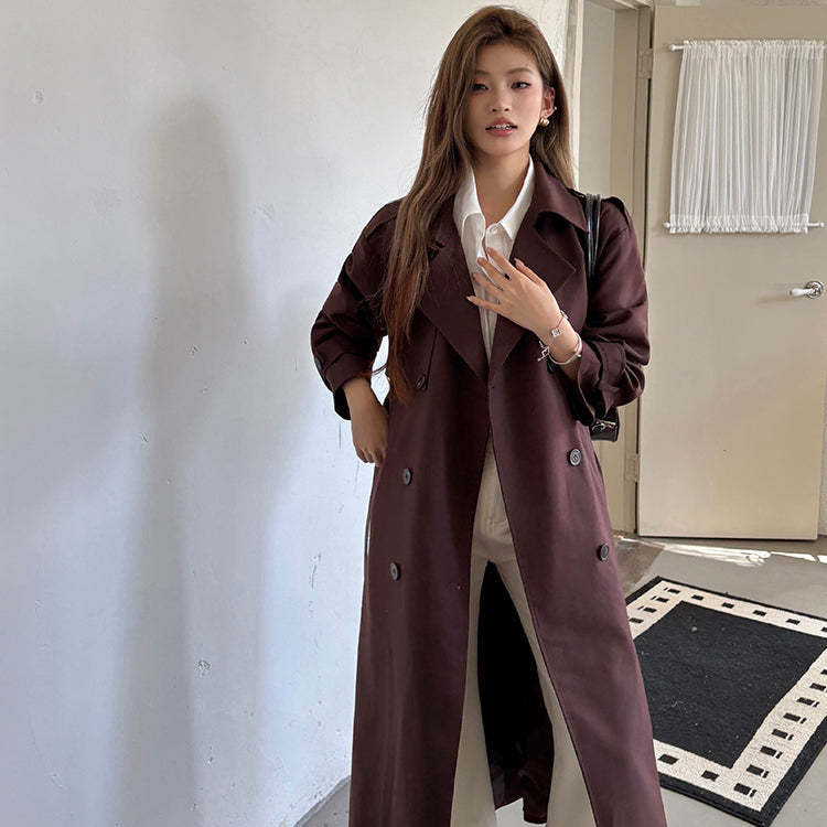 棕紅高級感雙排扣中長風衣-25652