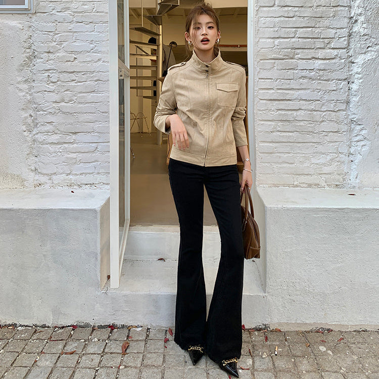 長腿小姐高腰黑色微喇牛仔褲-25650