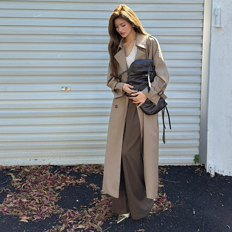 咖色高腰寬鬆落地西裝褲-25649