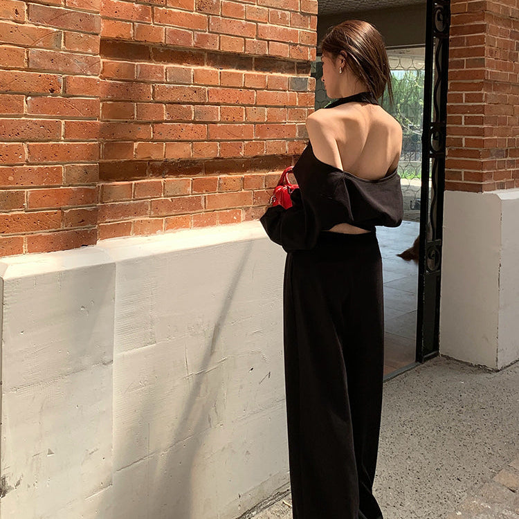 潮模掛脖衛衣抽繩衛褲兩件套-25637