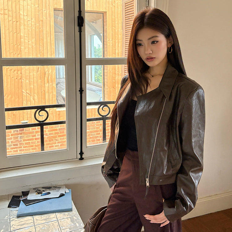辣妹棕色PU皮夾克-25665