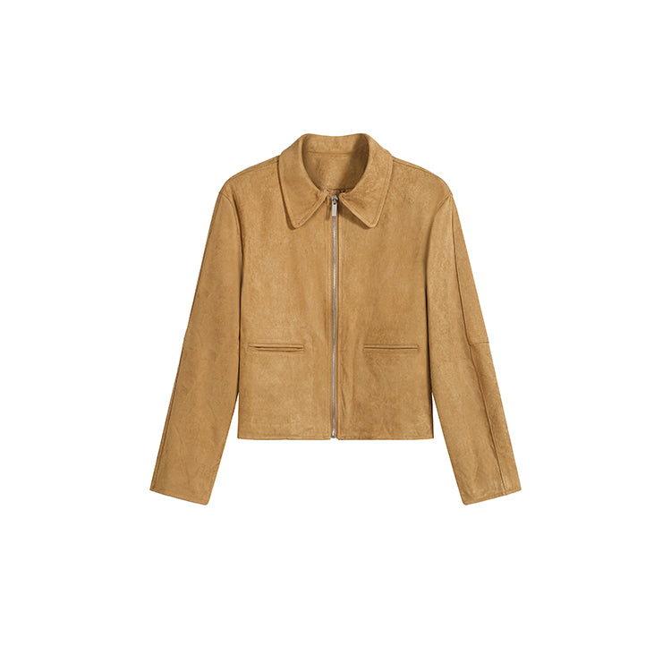 深卡其牛皮絨拉鏈皮外套-25656