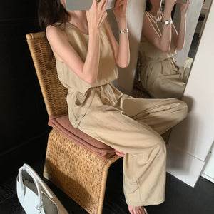 圓領無袖高腰綁帶連身褲-25337