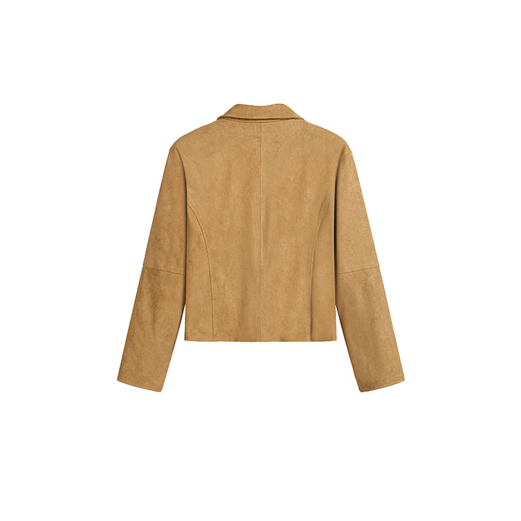 深卡其牛皮絨拉鏈皮外套-25656