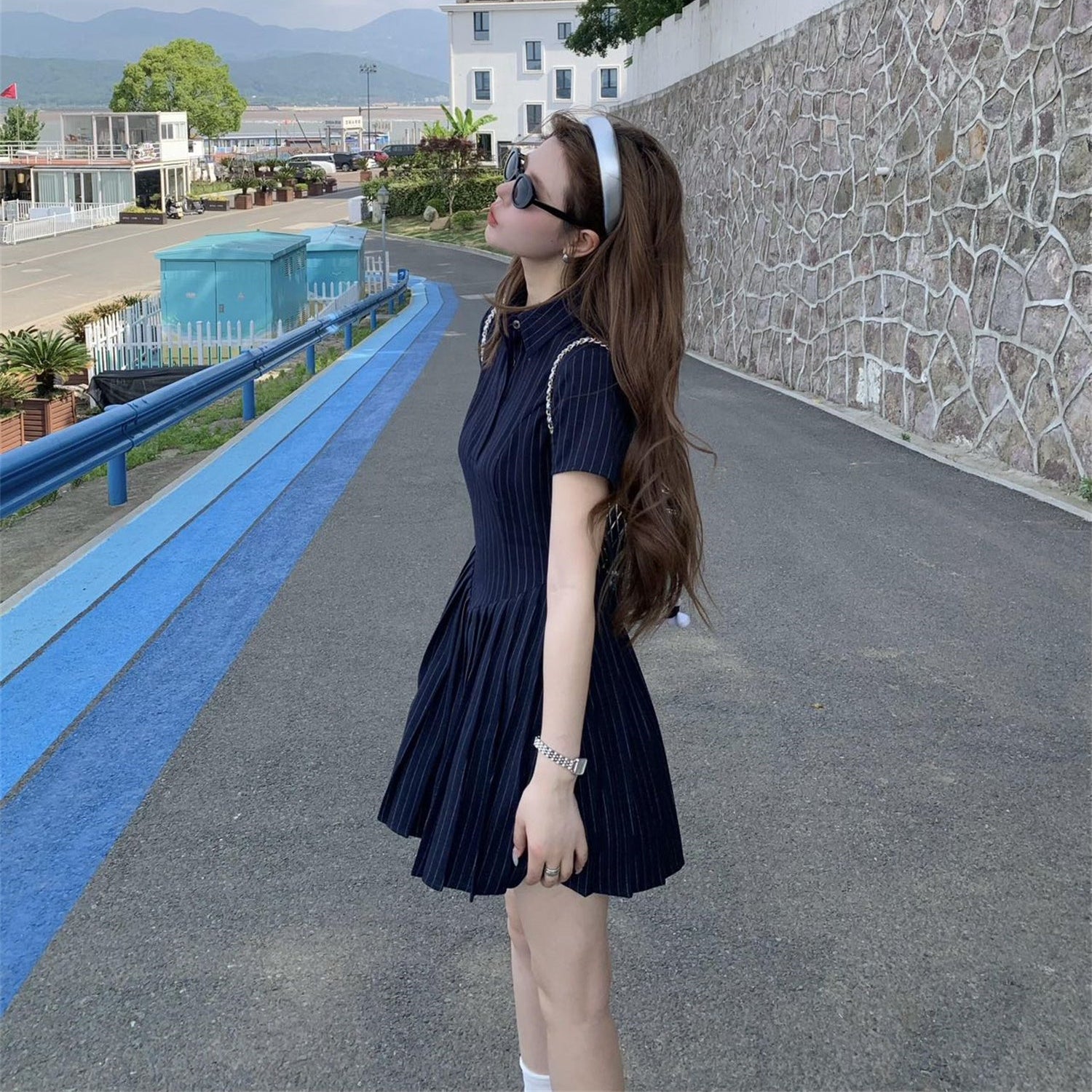 上流小姐深藍條紋Polo領百褶短洋-25313