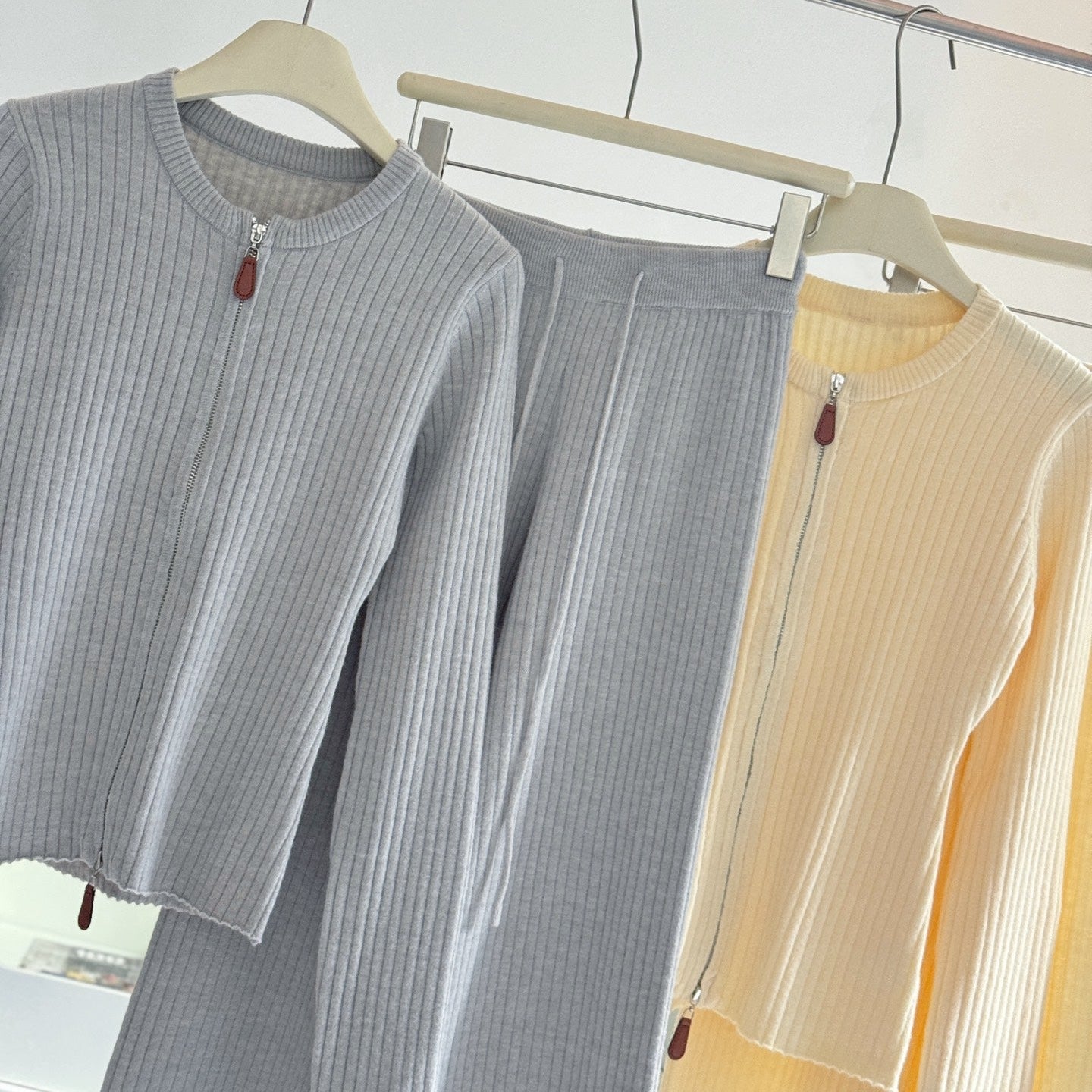 拉鍊坑條針織外套鬆緊高腰直筒長褲套裝-25676