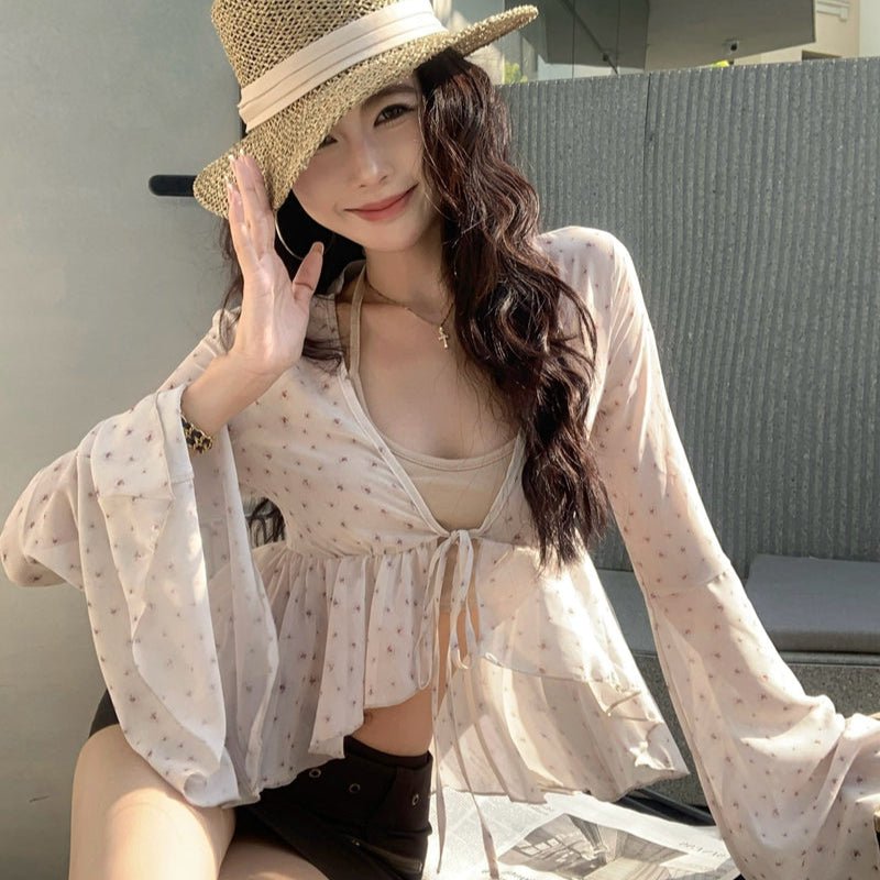 甜美V領碎花荷葉邊喇叭袖雪紡衫-25474
