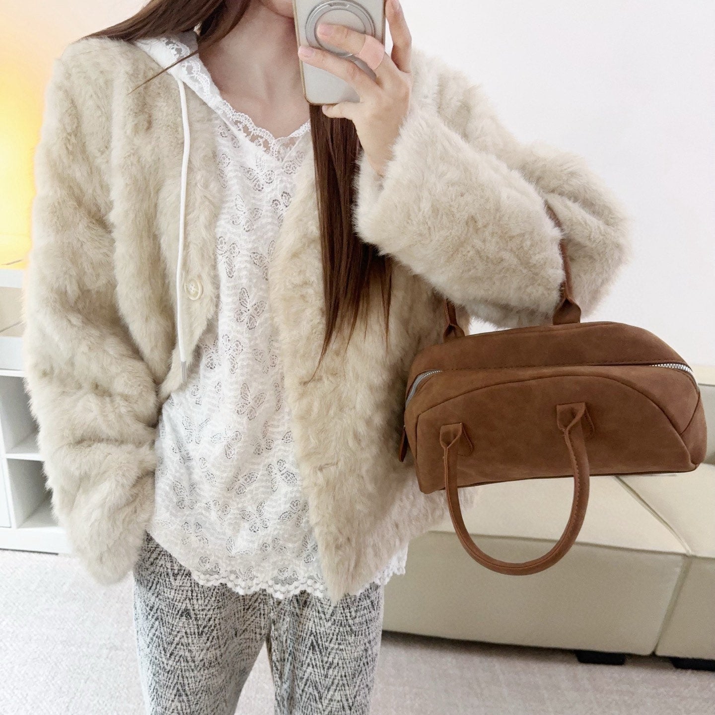 潮流仙氣連帽加絨蕾絲衫-25674