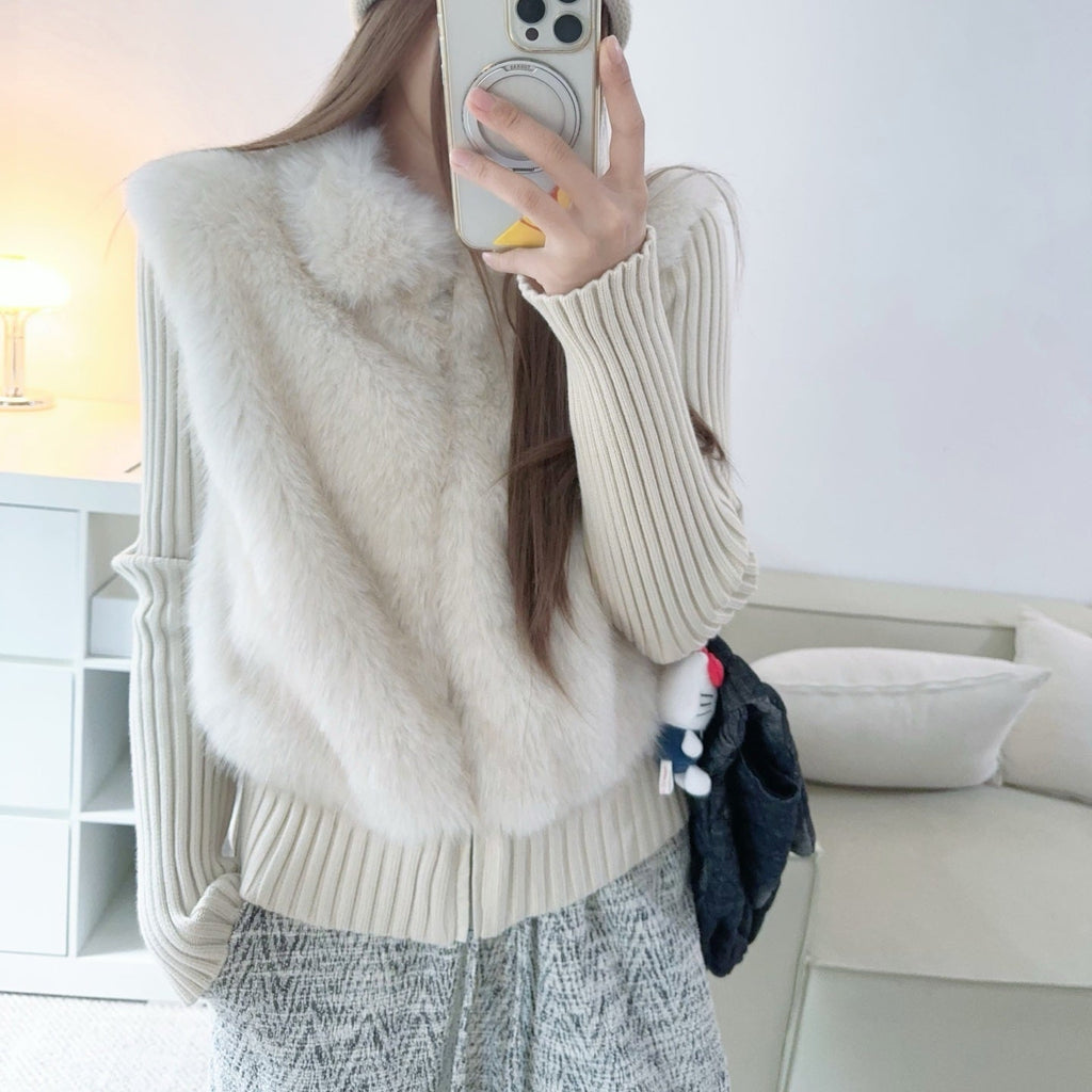 保暖禦寒顯瘦毛毛拼接針織外套-25678