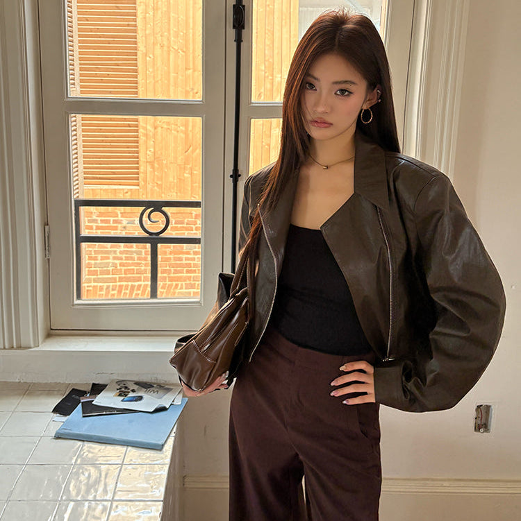 辣妹棕色PU皮夾克-25665