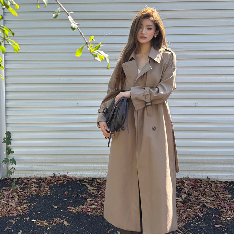 倫敦人寬鬆繫帶過膝長版風衣大衣-25654