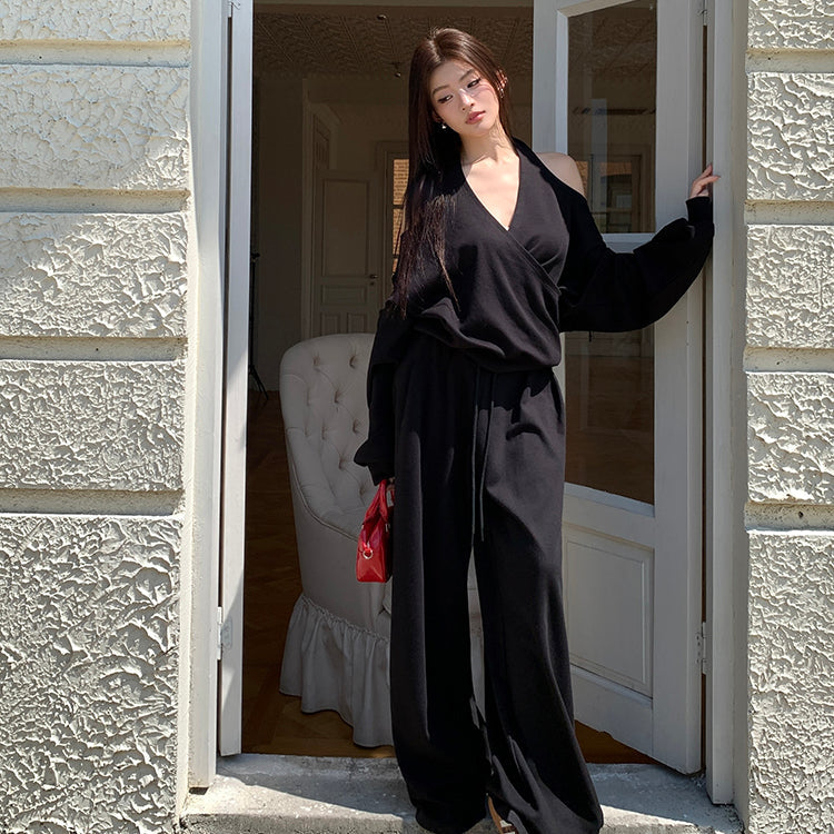 潮模掛脖衛衣抽繩衛褲兩件套-25637