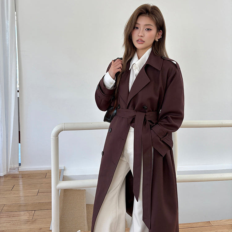 棕紅高級感雙排扣中長風衣-25652