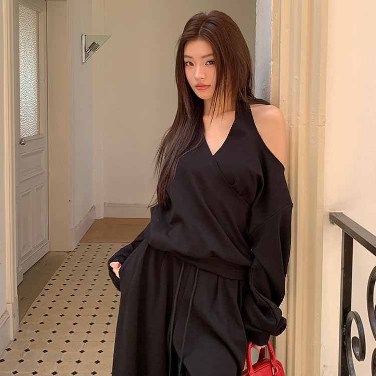 潮模掛脖衛衣抽繩衛褲兩件套-25637