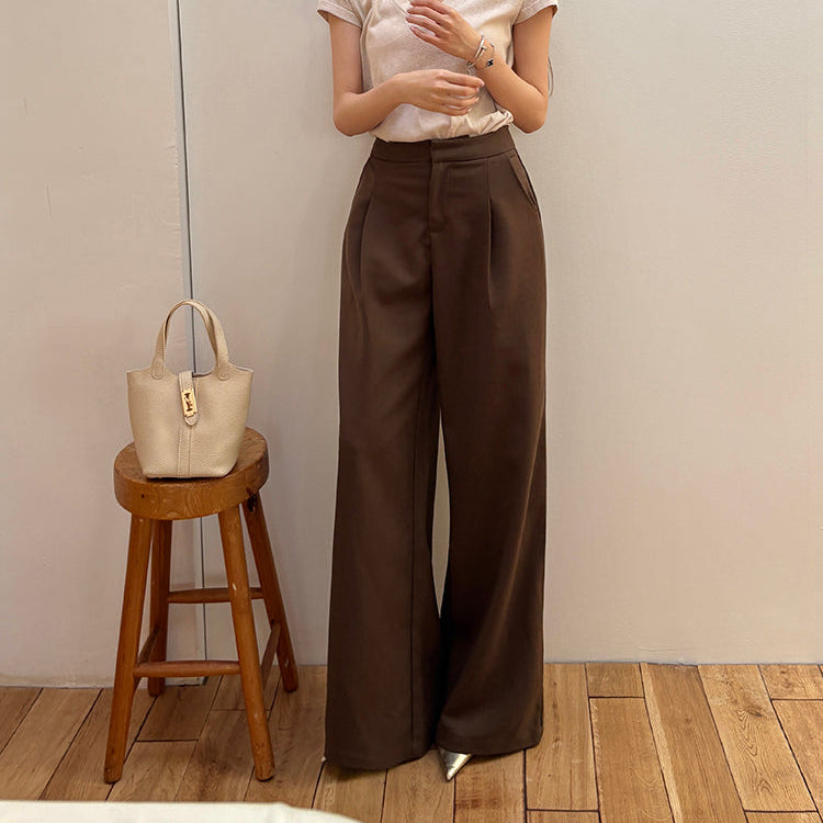 咖色高腰寬鬆落地西裝褲-25649