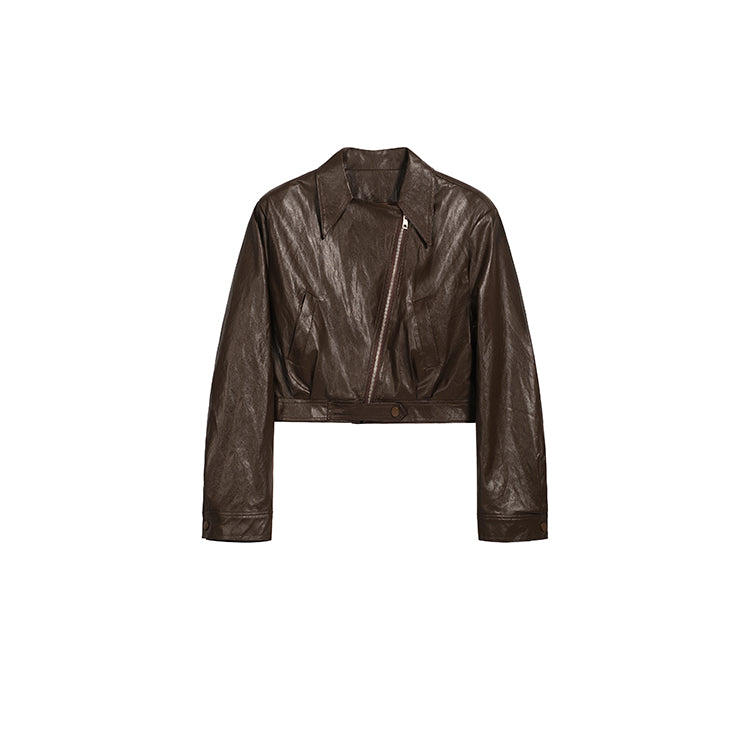 辣妹棕色PU皮夾克-25665