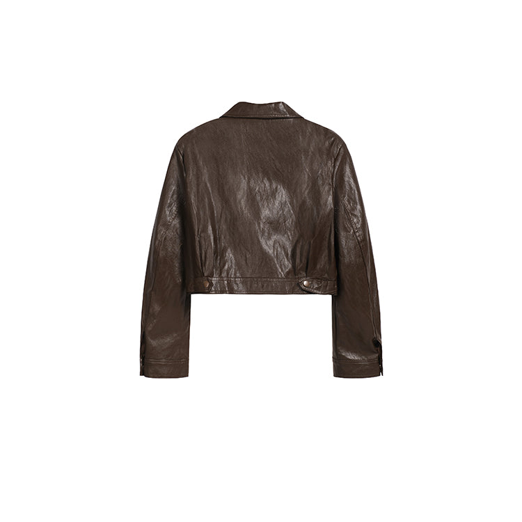 辣妹棕色PU皮夾克-25665