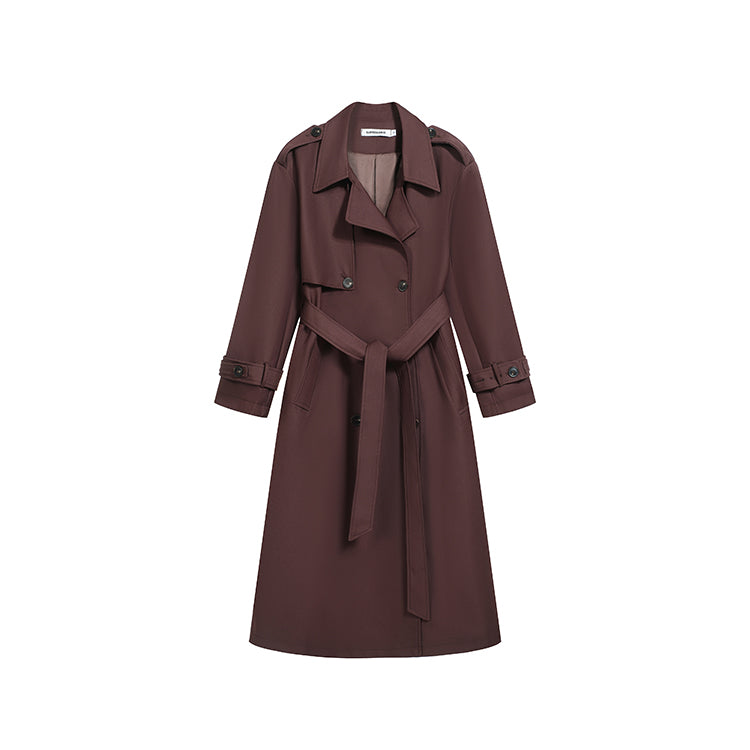 棕紅高級感雙排扣中長風衣-25652