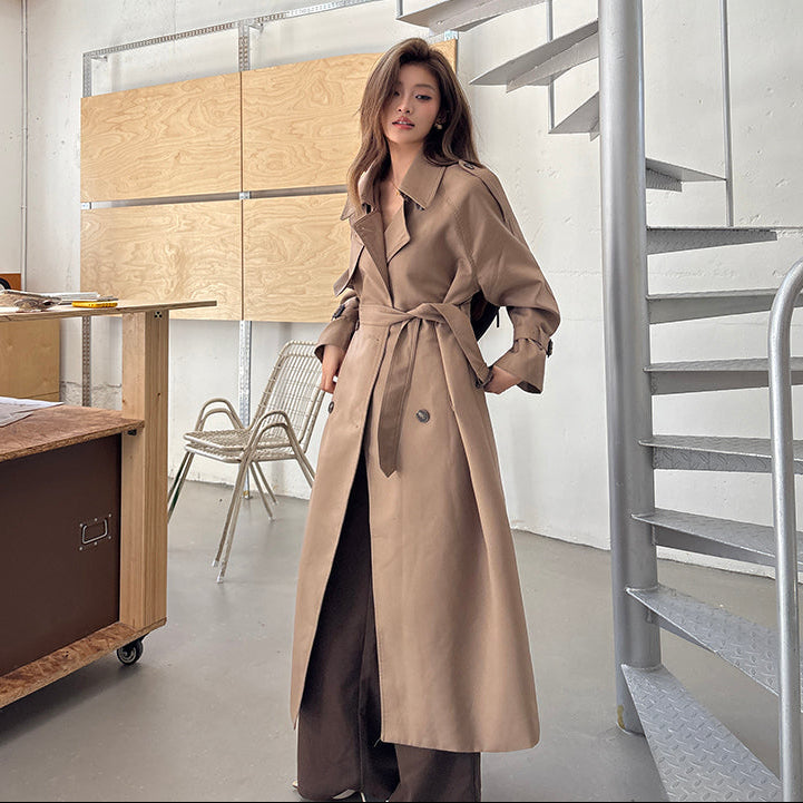 倫敦人寬鬆繫帶過膝長版風衣大衣-25654