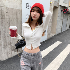 歐美辣妹珍珠扣短上衣-25571