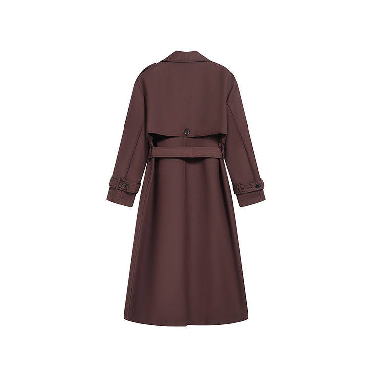 棕紅高級感雙排扣中長風衣-25652