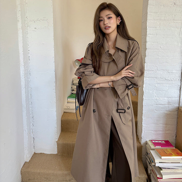 倫敦人寬鬆繫帶過膝長版風衣大衣-25654