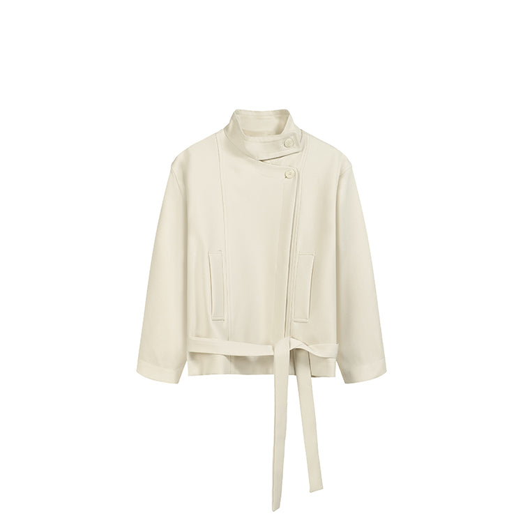 杏白立領收腰綁帶短風衣-25639