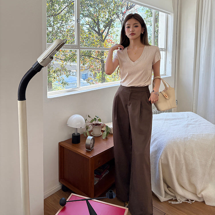 咖色高腰寬鬆落地西裝褲-25649