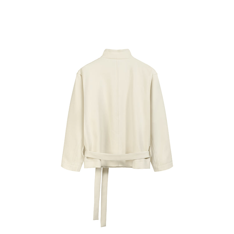 杏白立領收腰綁帶短風衣-25639