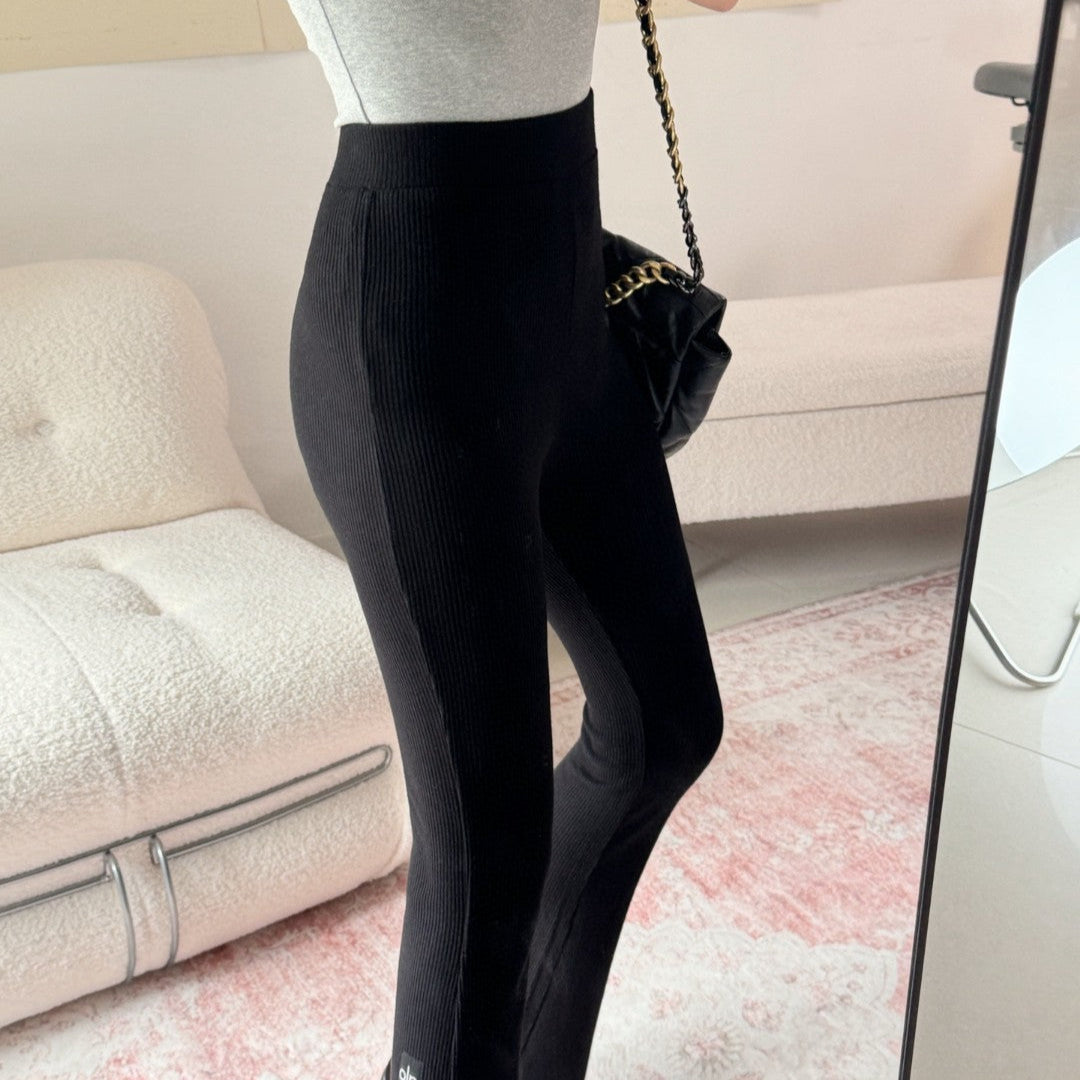 歐美簡約高腰彈力微喇貼腿褲-25574