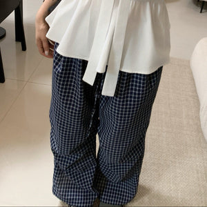 深藍格紋休閒直筒褲-25581