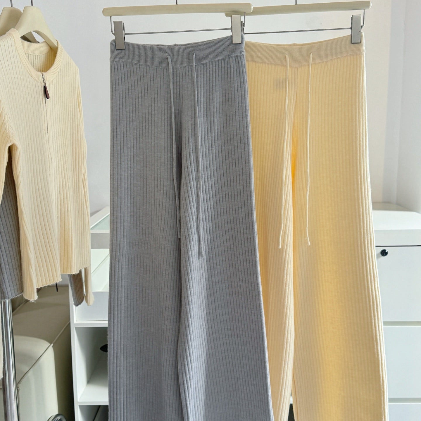 拉鍊坑條針織外套鬆緊高腰直筒長褲套裝-25676