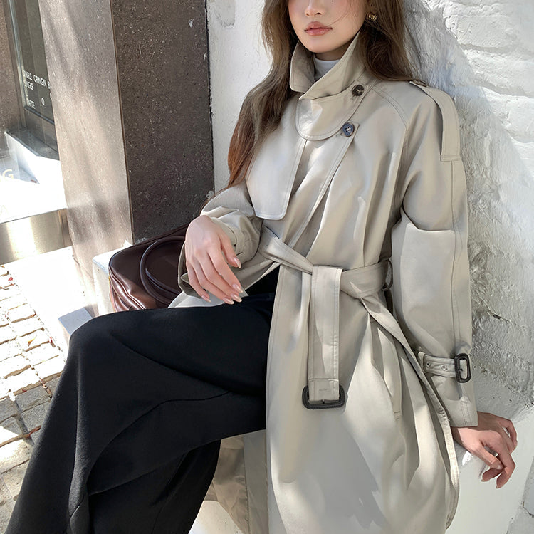 倫敦人寬鬆繫帶過膝長版風衣大衣-25654