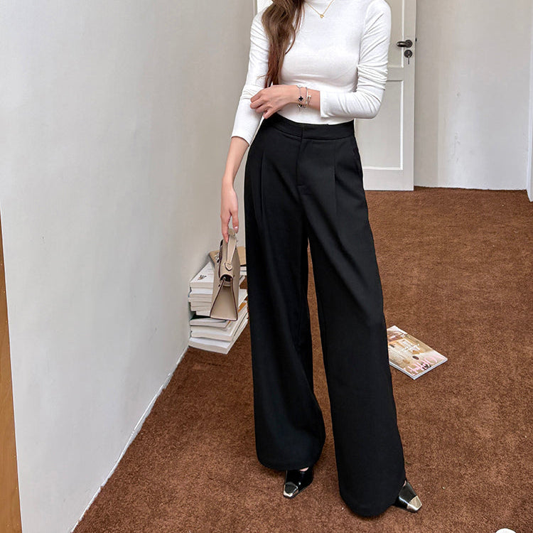 咖色高腰寬鬆落地西裝褲-25649
